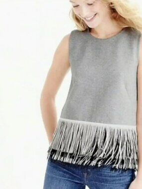 J. Crew Grey Knit Top with Fun Fringe Detail Size XL
